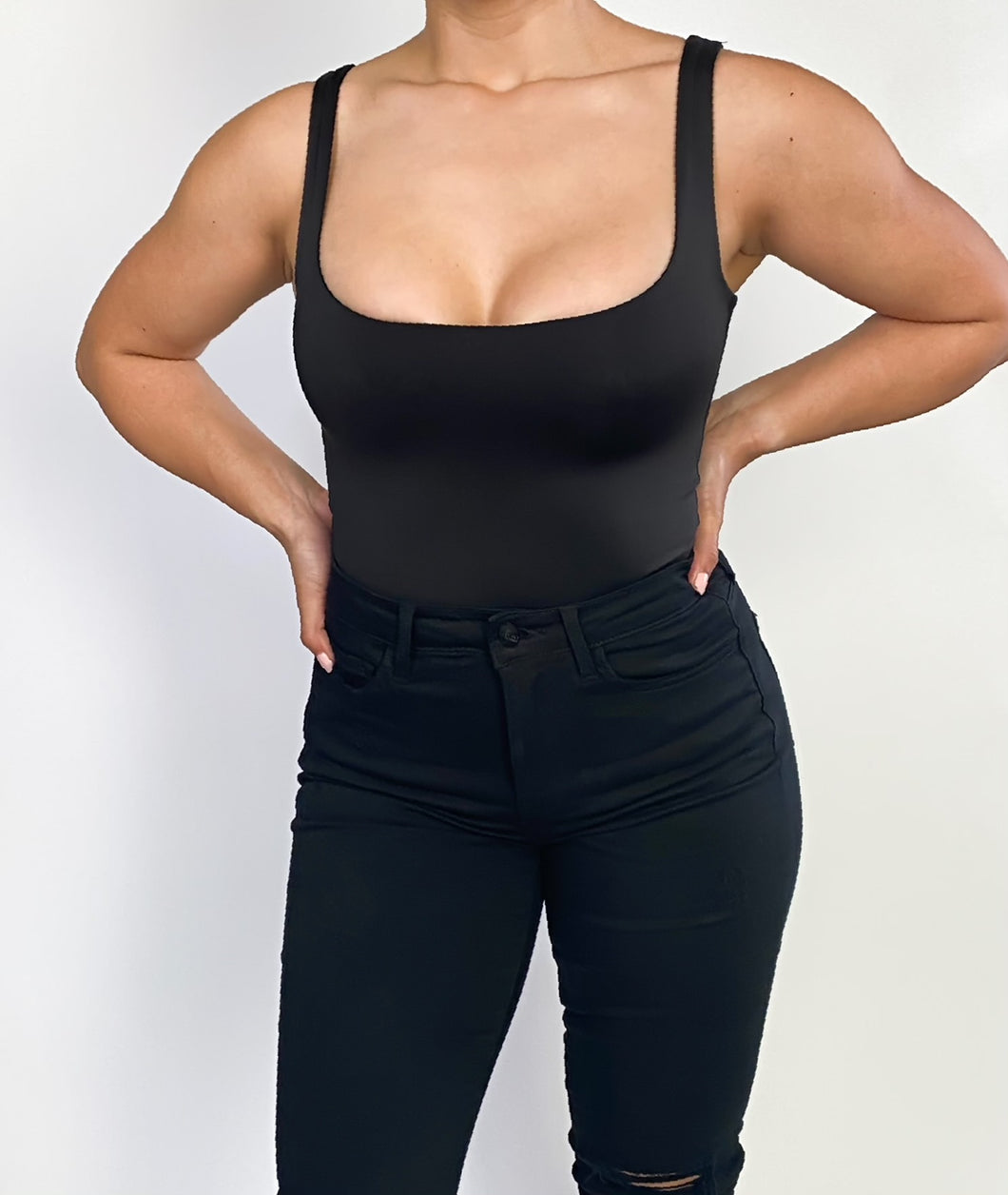 Black Sleeveless Square Neck Bodysuit