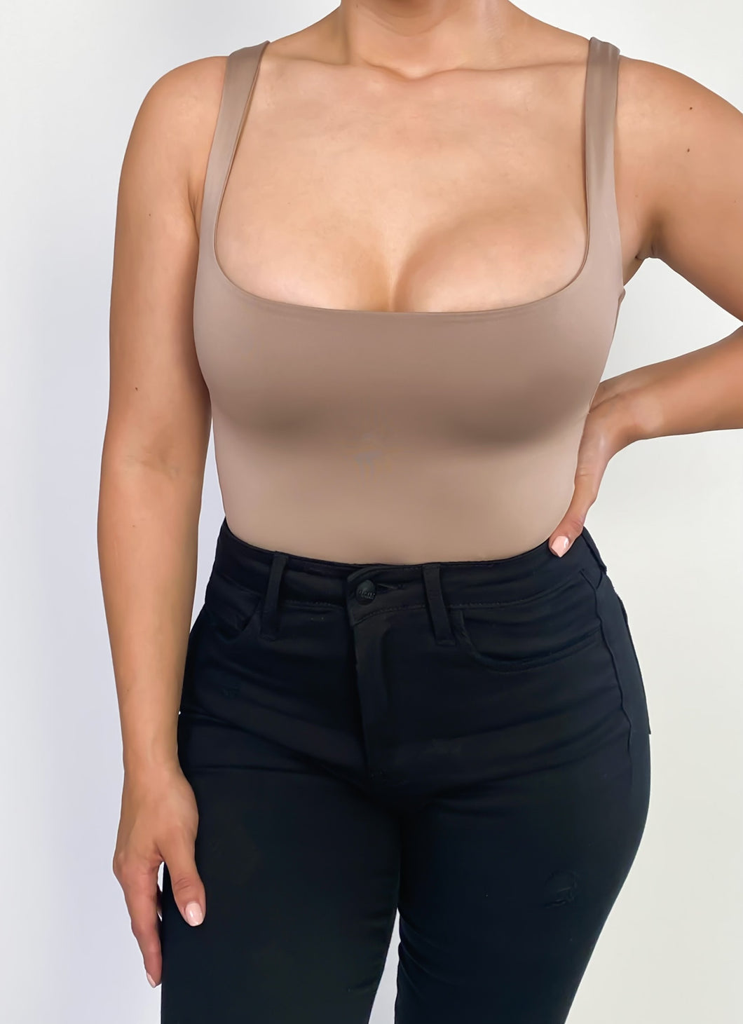 Taupe Sleeveless Square-Neck Bodysuit